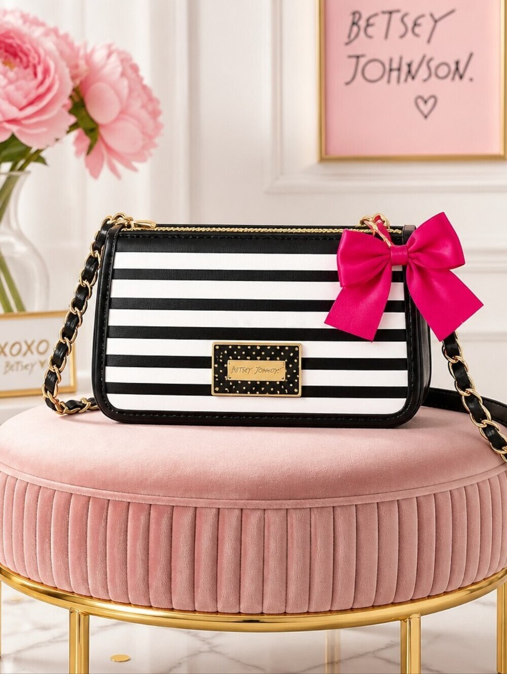 Rare Betsey Johnson Y2K Crossbody Bag Black White Striped Polka Dot Chain Bow